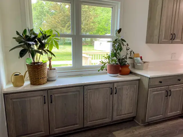 Cambridge, Iowa kitchen window wall with stained base cabinets and a wide quartz sill for plants